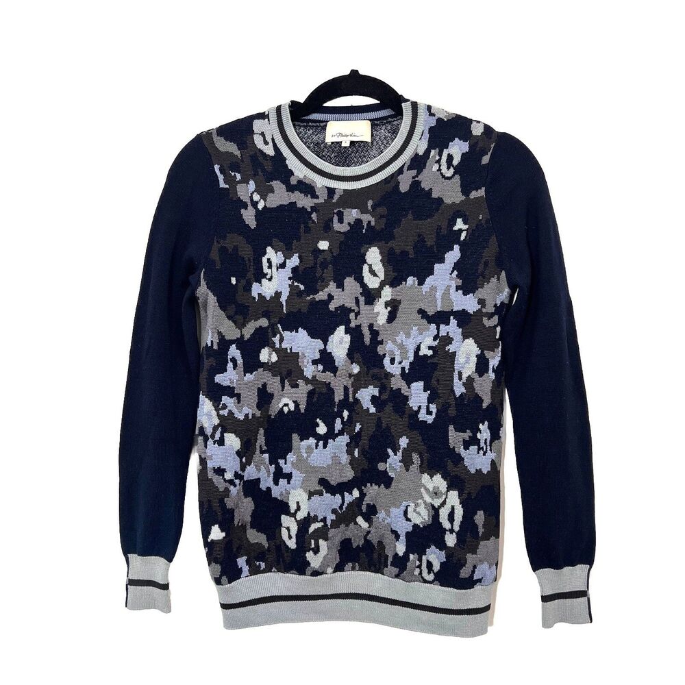 Phillip Lim 3.1 Sweater Womens S Camo Wool Blend Blue Pulllover Long Sleeve
